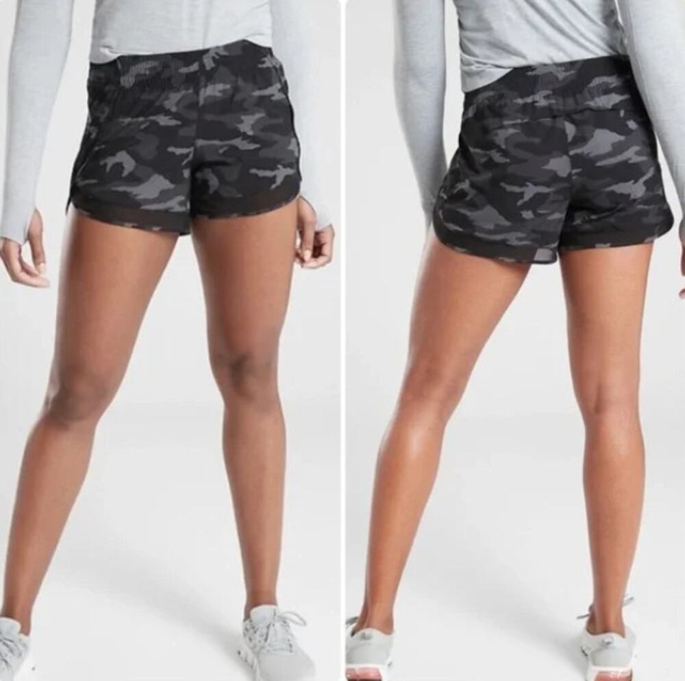 Athleta Gray Camouflage Mesh Racer Run Shorts, Size M